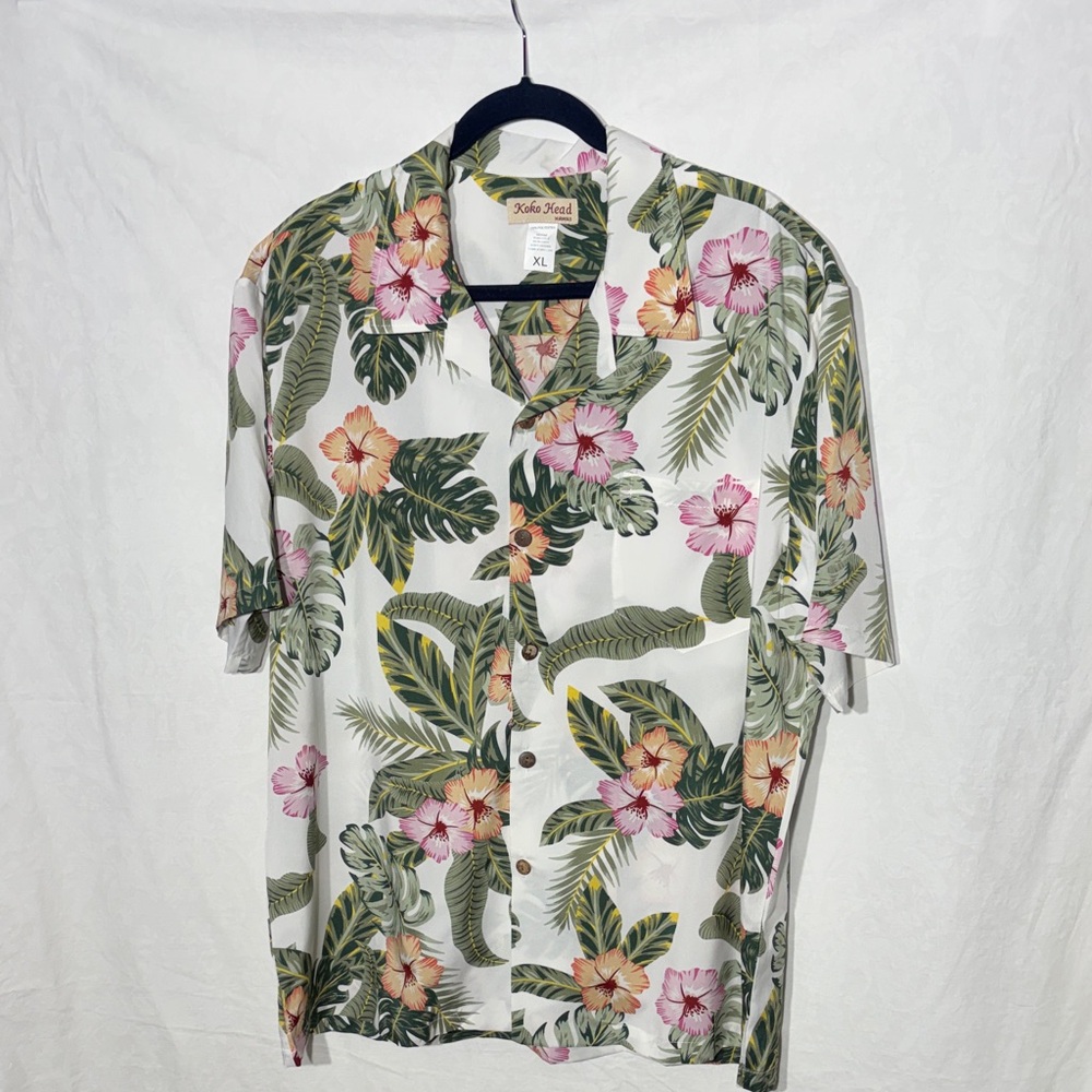 Men's Floral Button Down Shirt - White, Green, Pink